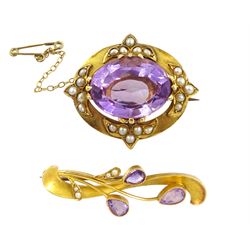 19th/ early 20th century 15ct gold oval amethyst and split pearl brooch and an Edwardian 15ct amethyst and seed pearl brooch, Birmingham 1909