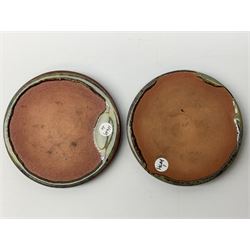 Henry George Murphy (1884-1939), collection of six Arts & Crafts glazed ceramic roundels, of circular form in tones of green, turquoise and brown in soufflé and high fired finishes, D7cm