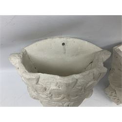 Pair of concrete wall planters in the form of a medieval King and Queen, painted white, L28cm
