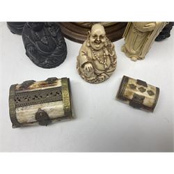 Composite figure of a couple upon a rearing horse, together with a collection of resin immortals and two bone chests 