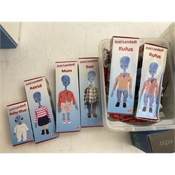 Quantity of Chad Valley Just Landed boxed alien dolls, and quantity of misc to include Amazon echo, Red Nose Day merchandise, clocks, DAB radio, Golden Jackpot etc in two boxes