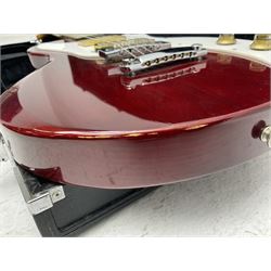 Gibson Marauder style six-string electric guitar with cherry coloured body, marked made in Japan L101cm; in locking hard carry case