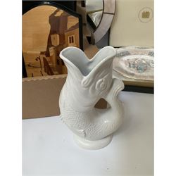 Wade Gluggle jug in white colour way, Mulberry Hall boxed commemorative plates, wooden boxes and pink circular wall mirror