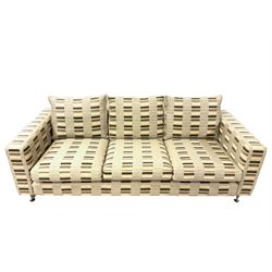 Orior - grande three seat modern sofa, upholstered in beige patterned fabric, raised on tapering chrome feet