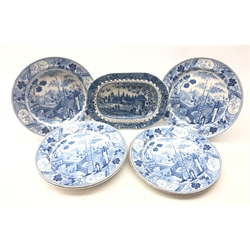  Five 19th century Wedgwood blue transfer plates decorated in the Blue Palisade pattern & matching bowl and a 19th century Pearlware chestnut basket stand   
