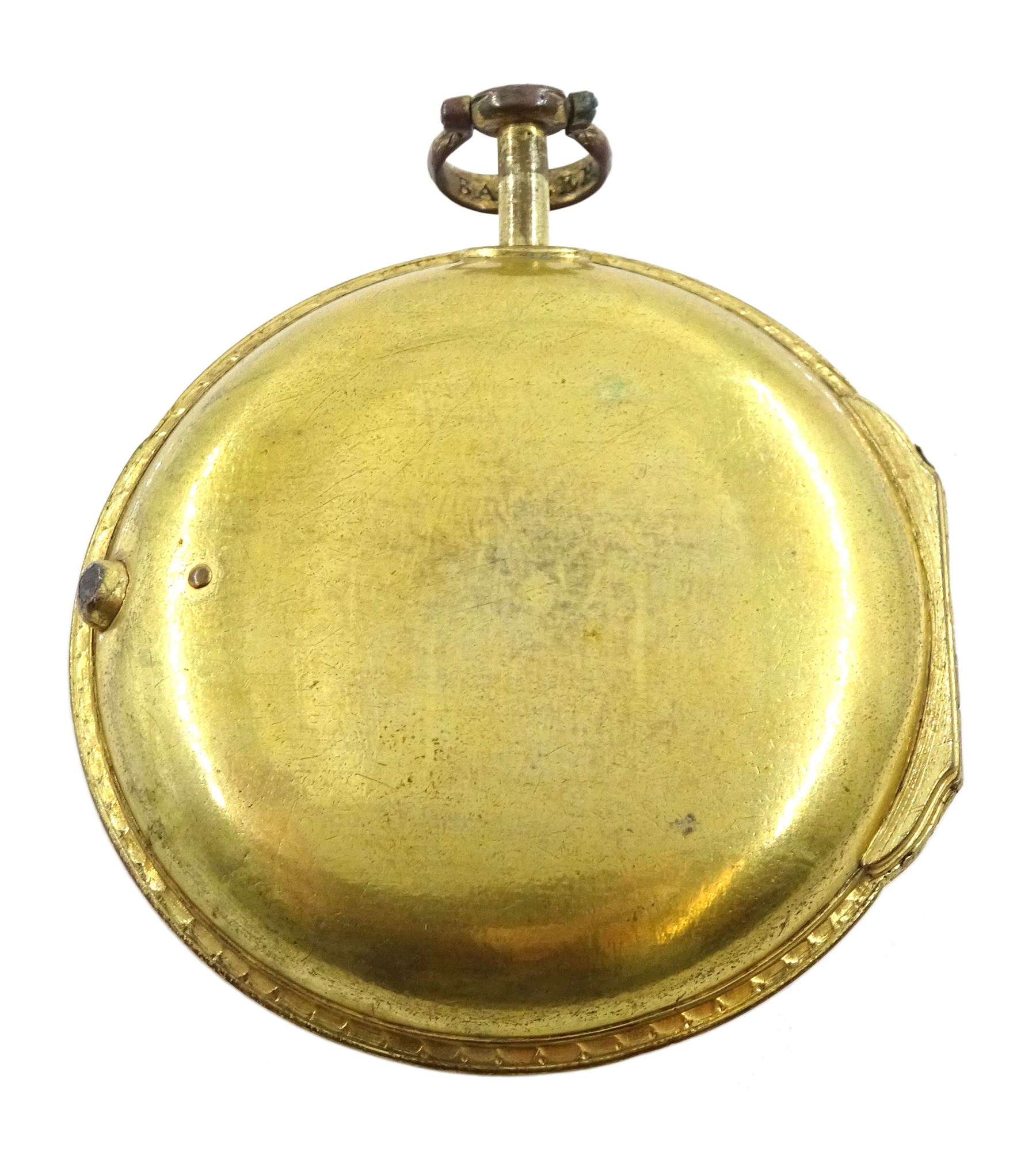 George III gilt metal, triple cased verge fusee pocket watch, for the Turkish market by Benjamin Barber, London, No. 6187, tulip pillars, pierced and engraved balance cock decorated with a classical urn, white enamel dial with Turkish numerals, the outer tortoiseshell case, with pique work borders