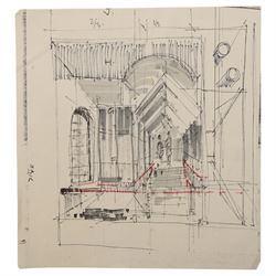 J H McCoy (20th Century): Architectural perspective of Moscow, watercolour heightened with white signed and dated 1989; John S Robinson (British 20th Century): Architectural perspective of a London Building, gouache signed; Architectural perspective of Imperial Chemical Industries Headquarters Slough and an angular interior, two mixed medias unsigned max 54.5cm x 48.5cm (4) (unframed)
