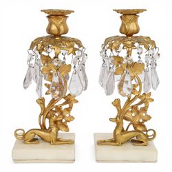 Pair 19th century gilt candle lustres, with recumbent grey hounds, below a leaf stem with ...