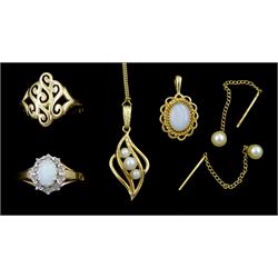 Gold opal and cubic zirconia ring, gold opal pendant, pearl pendant necklace and similar pair of earrings and an openwork ring, all 9ct
