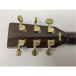 Ozark metal cased resonator guitar with all over chased foliate decoration to the polished finish and mother-of-pearl inlay to the fretboard L100cm; in Stagg hard carrying case