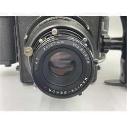Mamiya Universal camera body, serial no. A87210, with 'Mamiya - Sekor P 1:4.7 f=127mm' lens, serial no. 31476 and Mamiya 6x9 roll film adapter