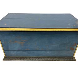 In the manner of William Burges - mid-to-late 19th century English Gothic Revival pine altar or console table, in blue and red paint with water gilding, the moulded rectangular top over six pointed arches with turned column supports, the front carved with a single row of lozenges and incised stylised motifs