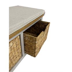 Roseland Farrow - oak and grey finish hallway bench with baskets and squab cushion 