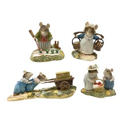 Four Classic Collectables Brambly Hedge figures, comprising Basil Pouring Drinks, Wilfred and Teasel Pushing Cart, Poppy Carry Pails and Mrs Apple, Wilfred and Basket, all boxed