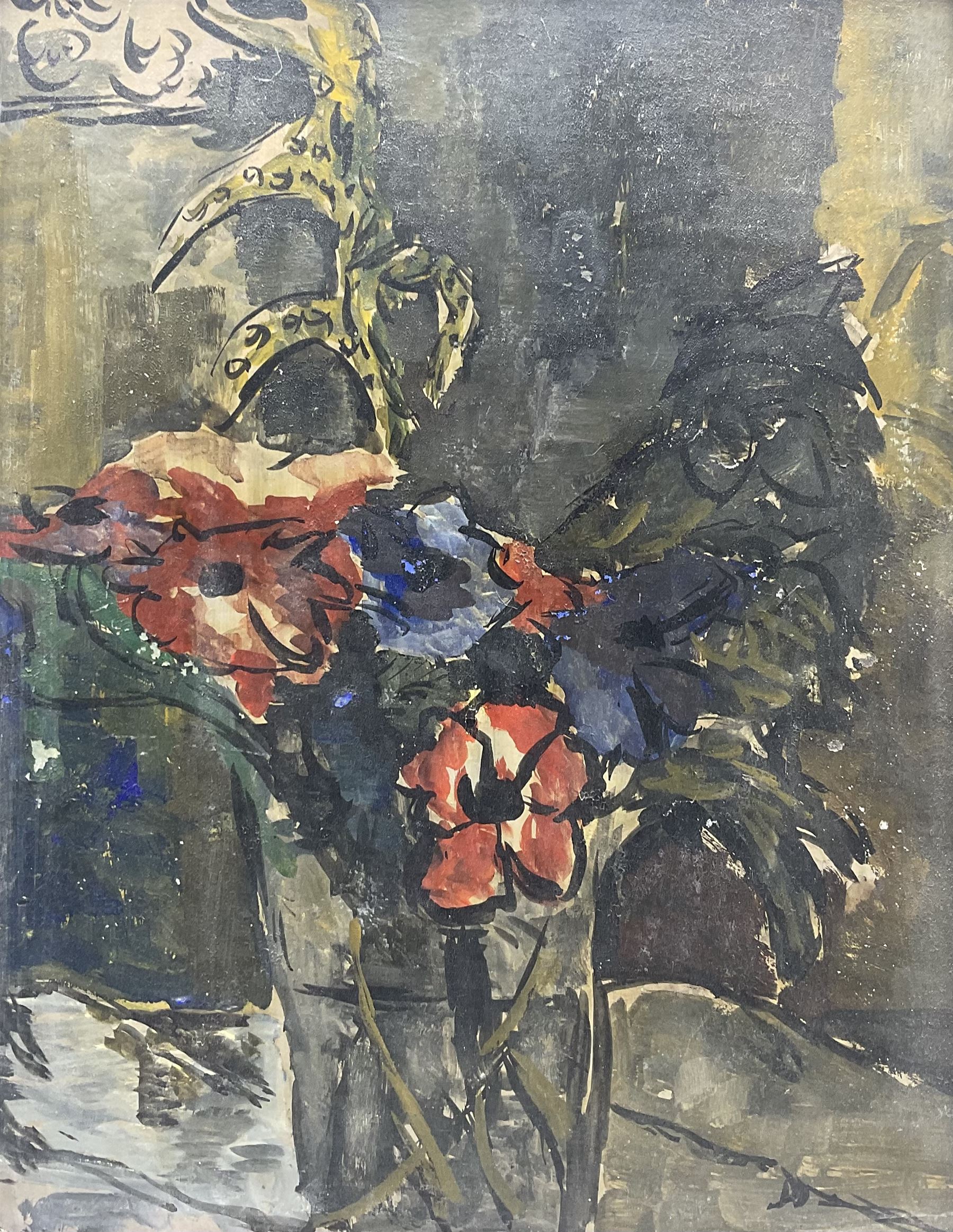 Keith Stuart Baynes (British 1887-1977): 'Red and Blue' Still Life of Flowers in a Vase, oil on board unsigned, labelled verso 45cm x 35cm