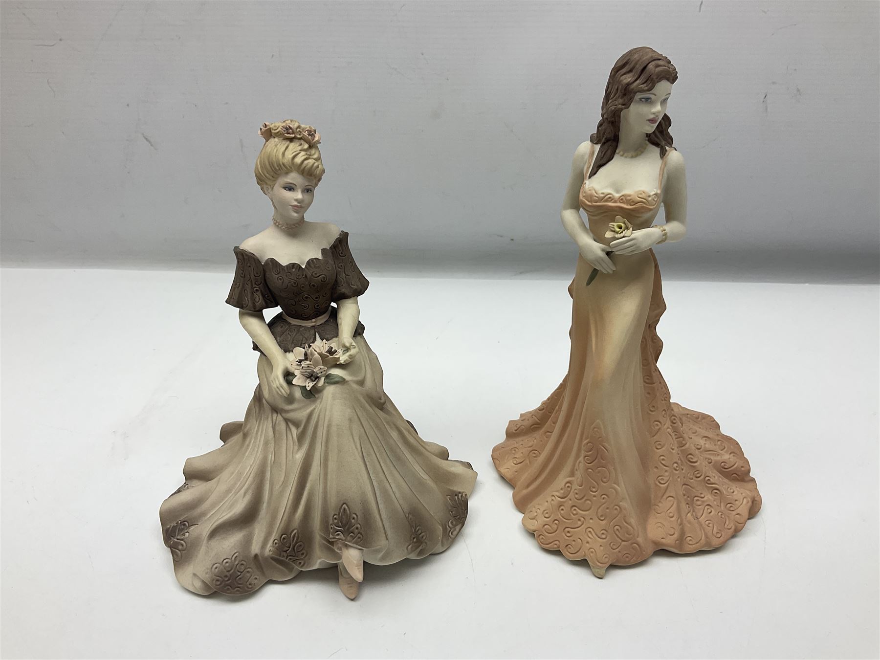Eight Coalport figures of ladies, comprising five Age of Elegance examples to include Richmond Park, Summer Saunter and Touch of Spring, together with Beau Monde Isobel 1998, Valentine Debutante Eternity and Devotion