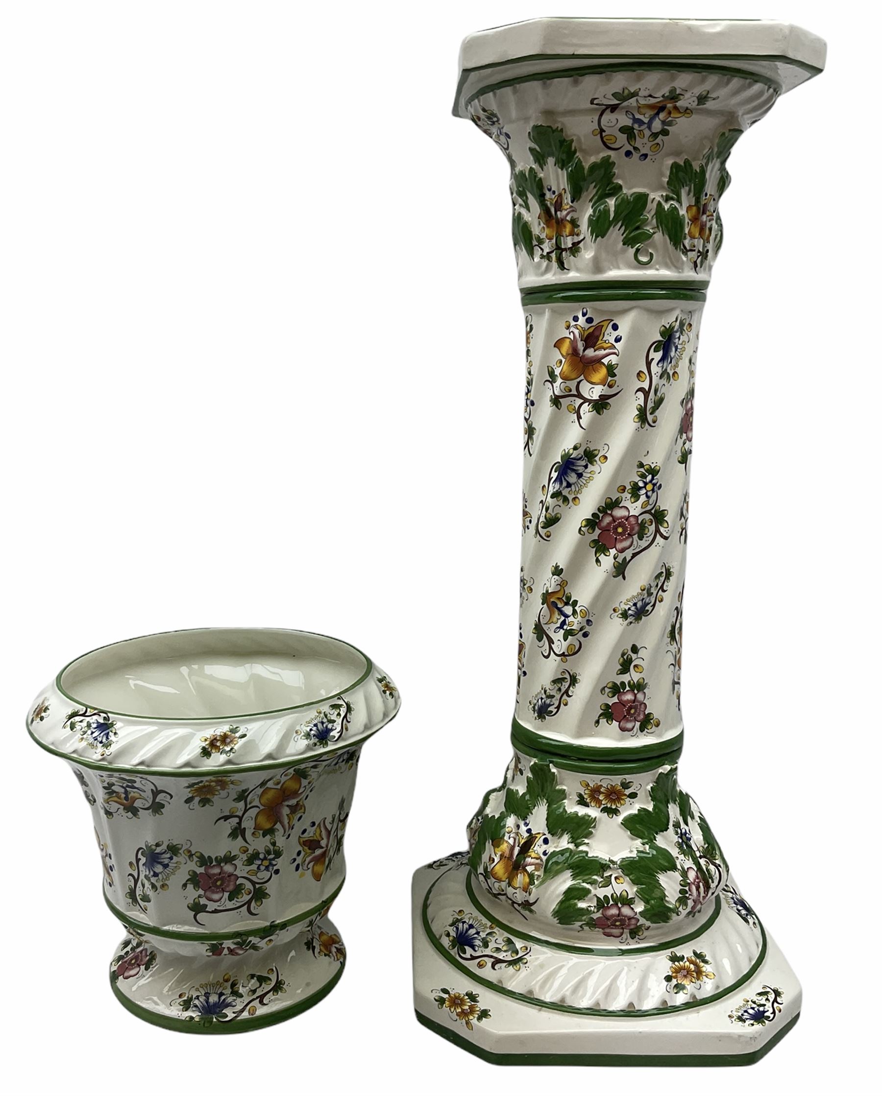 Capodimonte planter on stand with floral decoration, plater H26.5cm D25cm, stand 69cm. 