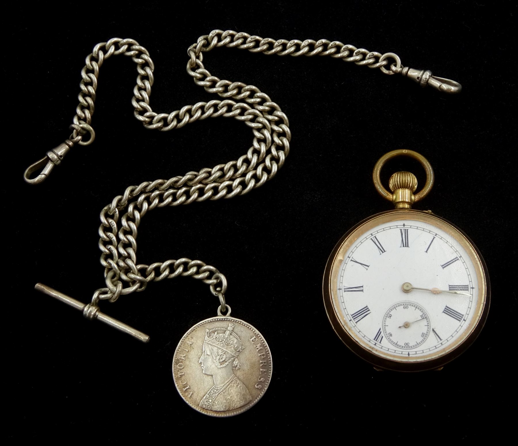 Early 20th century 9ct gold open face keyless lever pocket watch, stamped 9K, with an Edwardian graduating silver Albert chain, Birmingham 1901, with soldered Queen Victoria India silver one rupee coin