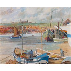 English School (Contemporary): Whitby Boats at Low Tide, oil on board indistinctly signed ...