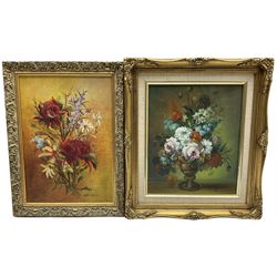 Daphne Wearne (Australian 20th century): 'Australian Wild Flowers', oil on board signed, labelled verso together with Continental School (20th century): Still Life of Flowers in a Vase, oil on canvas indistinctly signed max 34cm x 24cm (2)
