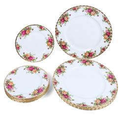 Royal Albert Old Country Roses part tea and dinner service, including teapot, milk jug, six tea cups and saucers, six side plates and six dinner plates