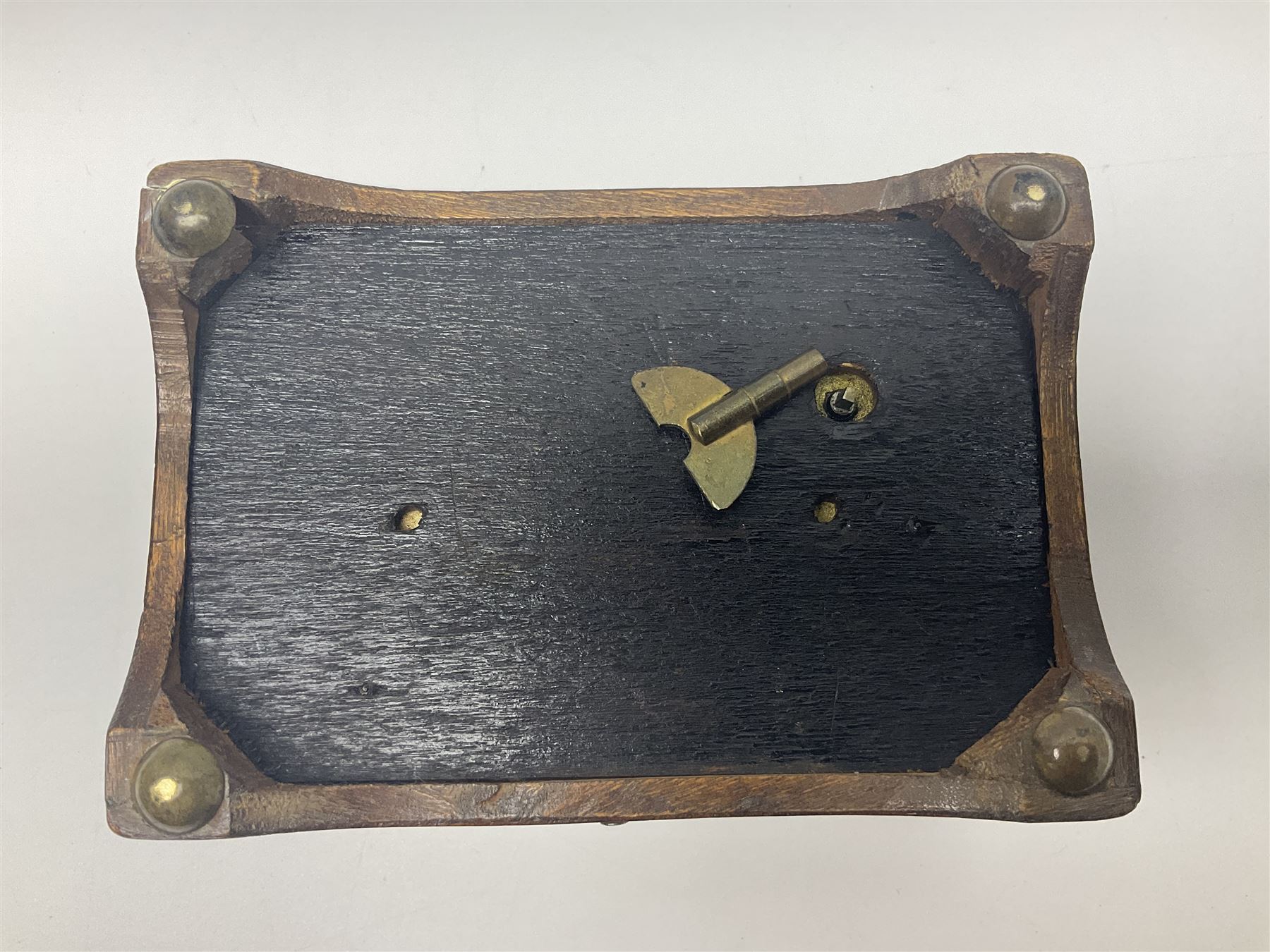 Small late 19th/early 20th century Swiss walnut cased musical box, the overglazed movement with 5cm cylinder and thirty-five tooth comb; the lid with card inscribed 'La Fauvette Salse' and 'Marche de Faust'; under base winding with key; serial no.50443, L12cm