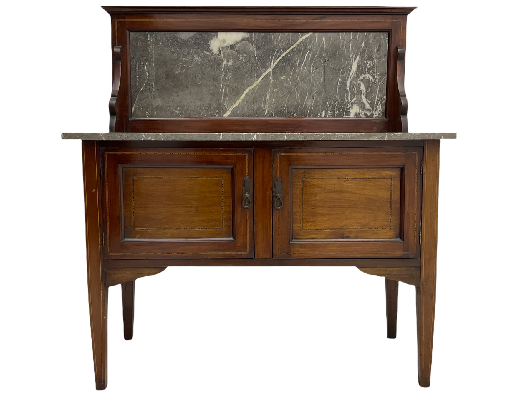 Edwardian inlaid mahogany washstand, raised grey and white marble back and top, fitted with double cupboard, square tapering supports