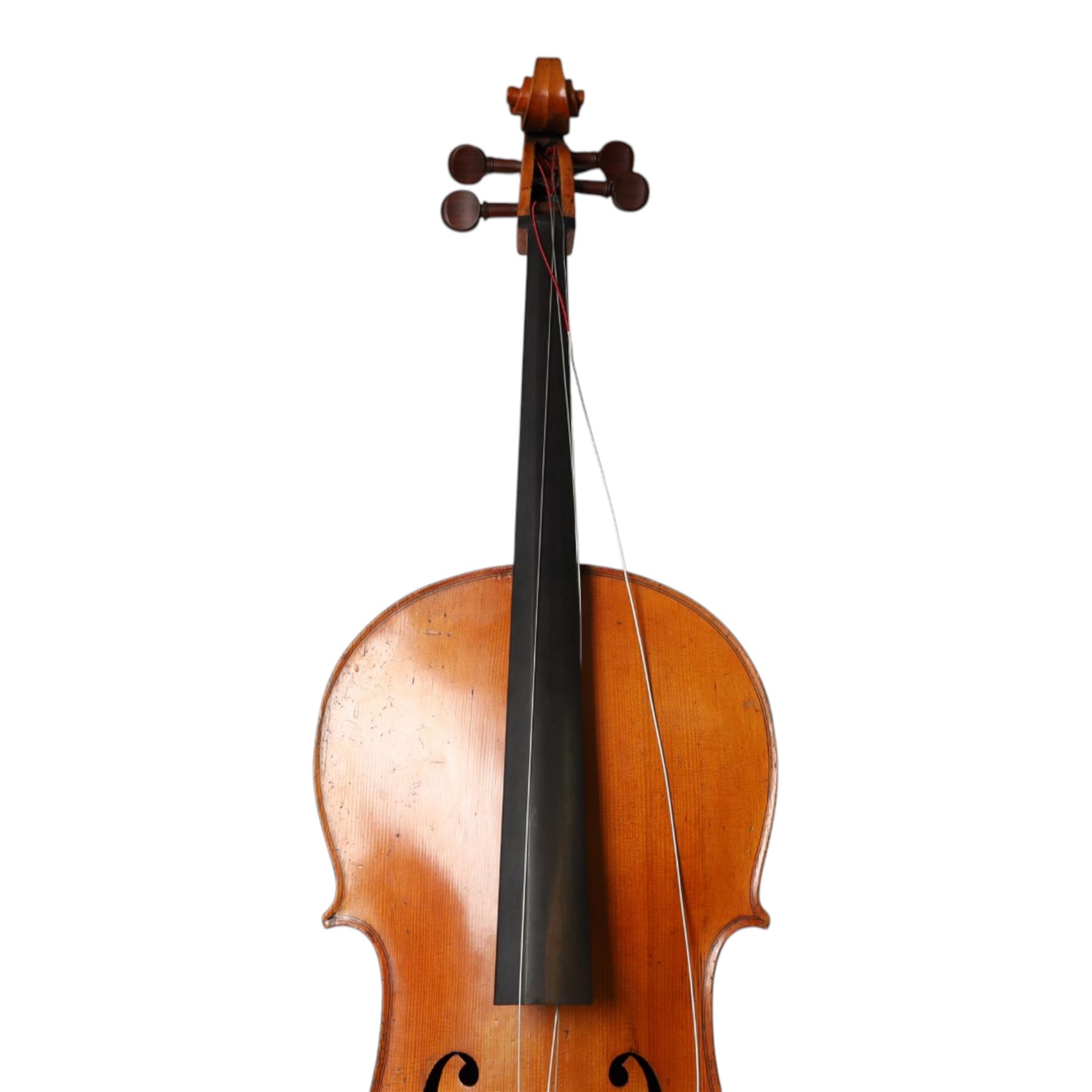 19th century cello, with two piece back and ebonised finger board, contained within a hardcase, cello back length 75cm