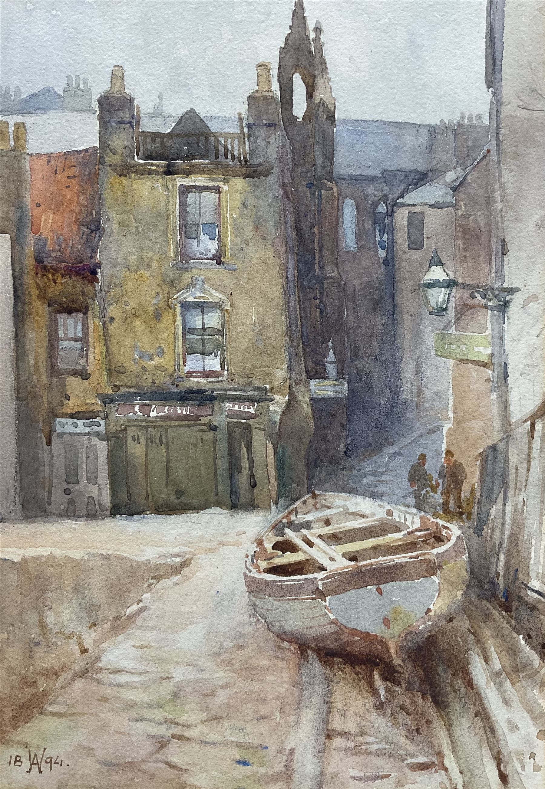 Charles William Adderton (British 1866-1944): 'Sandside Scarborough', watercolour signed with monogram and dated 1894, 25cm x 17.5cm (unframed)
Provenance: direct from the family of the artist Harry Wanless 1872-1934, part of a collection never previously seen on the market
Notes: Adderton was a friend of the brothers Harry and Charles Wanless, all of whom studied under Albert Strange at the Scarborough School of Art School. Adderton had a studio at 55 Sandside, Scarborough between 1894 and 1901, he moved to Ockbrook Derby and later to Robin Hoods Bay where he was a member of the Fylingdales Group of Artists
