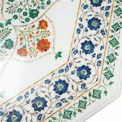 20th century Florentine design composite marble pietra dura centre table, octagonal white marble top inlaid with a polychrome foliate and floral medallion centred by a rosette, within a conforming floral border, raised on a faceted octagonal marble pedestal and stepped base