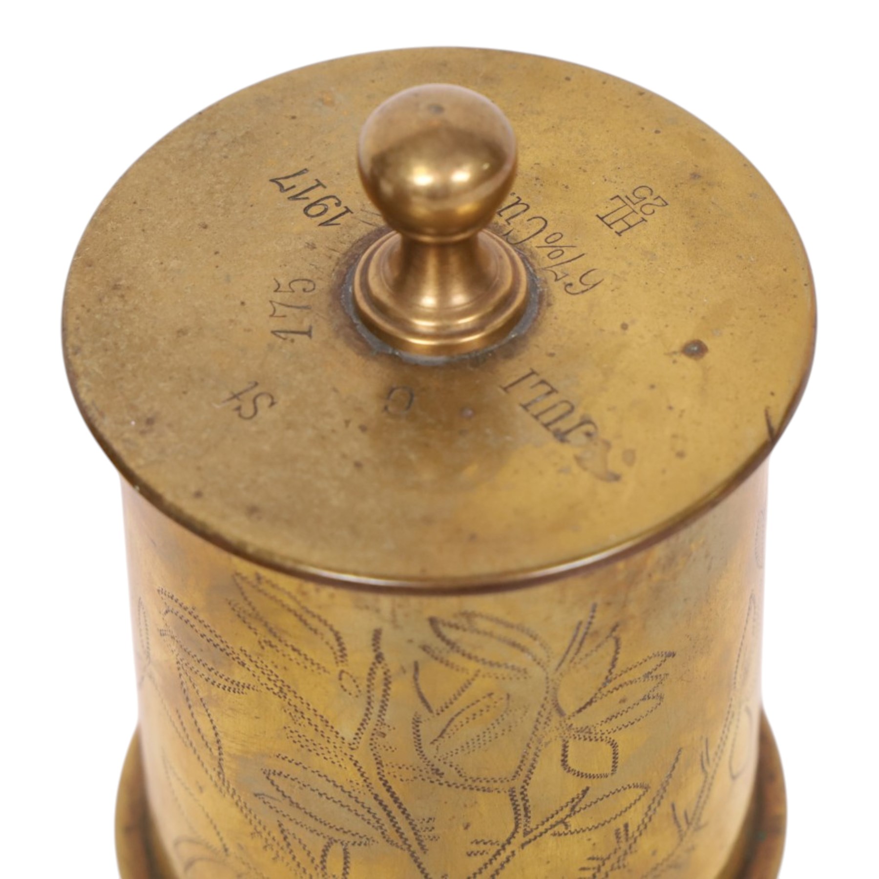 Three WWI trench art tobacco jars including an example with the lid embedded with silver rupees, largest H15cm 