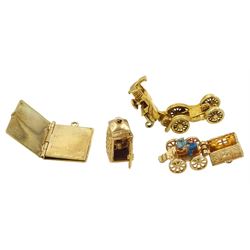 Four 9ct gold charms including telephone box, passport, gypsy caravan and classic car, all hallmarked