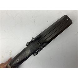 Early 19c percussion double barrel Howdah pistol by J. Blisset London, c1840s, approximately 50 calibre, 10.5cm octagonal monobloc barrels with captive swivel ramrod under, finely chequered walnut stock, engraved hammers, lock plates, tang and trigger guard, butt plate with hinged cap compartment, vacant white metal oval escutcheon L25.5cm overall