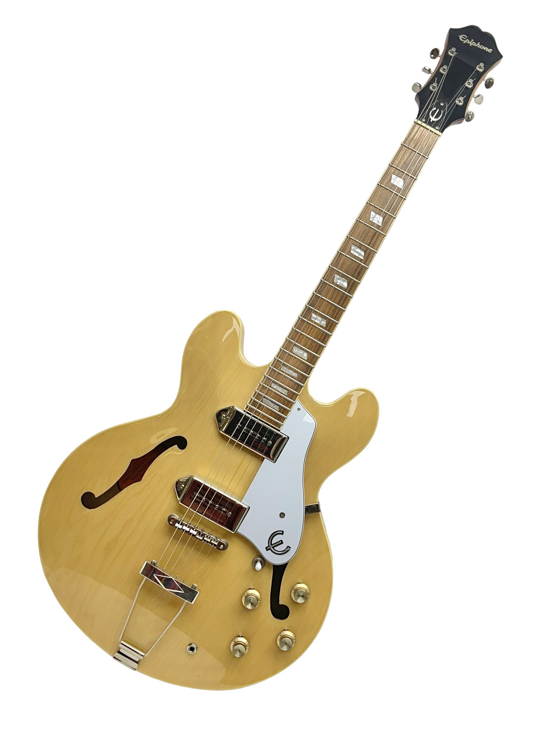 Epiphone Casino NA semi-acoustic guitar with natural maple finish and P90 pick-ups, serial no.19061529340, L105cm overall; in original hard carrying case
