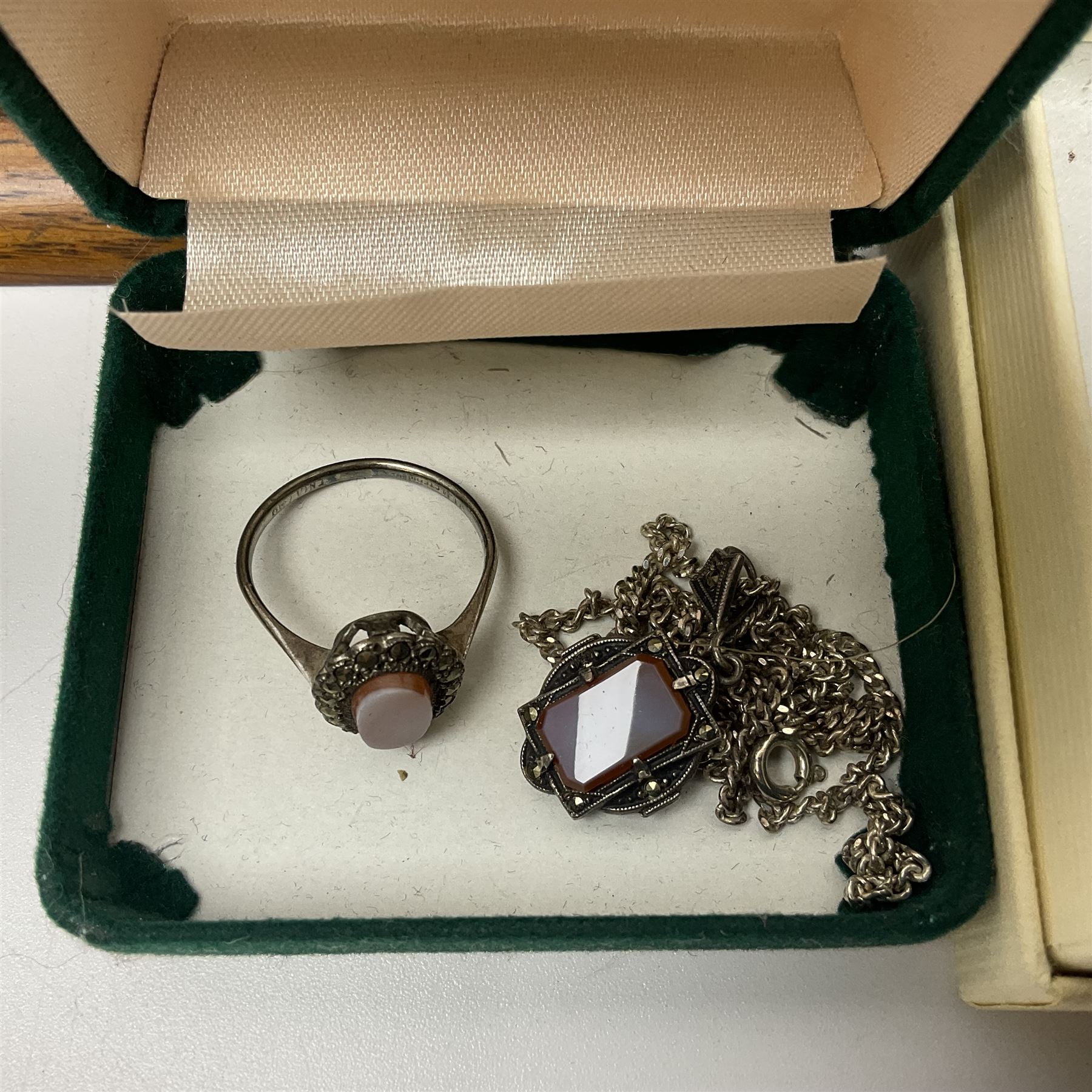 Five silver coffee spoons, together with one other, hallmarked, silver jewellery and costume jewellery in a wooden jewellery box