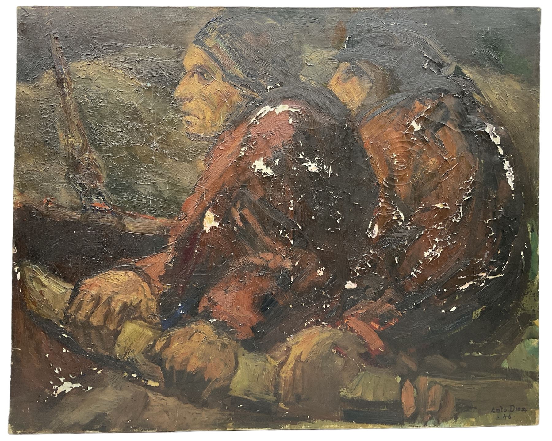 Anto Ferdinand Diez (Belgian 1914-1992): Fishermen, oil on canvas signed and dated '46, 80cm x 100cm (unframed)