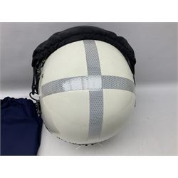 RAF Alpha MK 4 helicopter pilot's flying helmet, finished in white for civilian/rescue service use; reconditioned and avionics tested as working; black cloth cover to visor; fitted with boom microphone; medium size; in blue cloth carrying bag