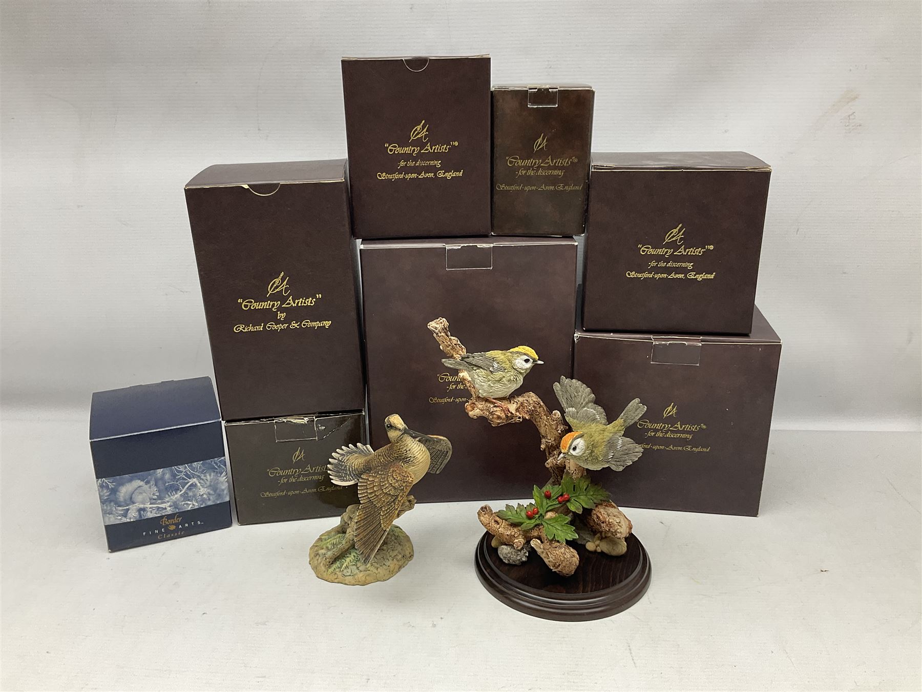 Quantity of Country Artists figures, comprising Woodland Visitors G800, Otter Family CA 552, Barn Owl CA 431, Wren CA 81, Mouse and Acorn CA784, Kingfisher - Broadway CA422, Early Days - Barn Owlets CA 720, together with two Border Fine Arts figures comprising Woodcock by James Harvey, 1985 and First Outing, Many with original boxes (9)