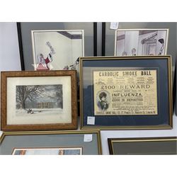 After Tony Kentuck set four courtroom cartoon prints, together with vintage reproduction of 19th Century advert, and further cartoons and prints (15)