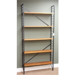  Laddarax single bay bookcase, eleven teak finish shelves, black painted frame, W94cm, H201cm, D21cm  