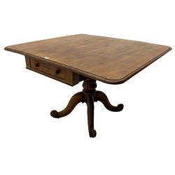 19th century mahogany Pembroke table, the rectangular moulded drop leaf top over single end drawer, turned and carved pedestal on four shaped and splayed supports with scroll carved terminals 