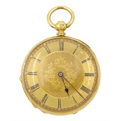 Victorian 18ct gold open face key wound cylinder ladies pocket watch, gilt dial with Roman numerals, the back case with blue enamel forget me not flower and pink flower decoration and engraved 'Fanny Tinker Sep 20 1878 in memory of Catherine Maria Osborne', retailed by W Brown, Sheffield, stamped 18K
