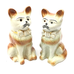  Pair Victorian Bo'ness pottery Cats with matched glass eyes, unmarked, H32.5cm max   