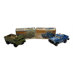 Matchbox/Superfast - eleven '1-75' series models comprising 53f Flareside Pick-Up, 54d personnel Carrier, 54e Mobile Home, 55g Ford Cortina, 56e Mercedes 450.SEL/Taxi, 56e Mercedes 450.SEL, 57f Carmichael Rescue Vehicle, 58e Faun Dump Truck, 59f Porsche 928 and 63d Freeway gas Tanker; all boxed (11)