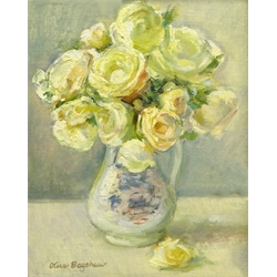  Olive Bagshaw (Northern British fl.1965-1978): Still Life of Roses in a Jug, oil on canvas laid on board signed 35cm x 28cm Provenance: from the Artist's Studio Sale. Miss Bagshaw who was born in Salford, received her formal art training at Salford and Manchester Art School. Her work has been regularly accepted at the Royal Society of Portrait Painters, the Royal Academy and Federation of British Artists (Information from a 1970's Monks Hall Museum and Gallery exhibition catalogue)  DDS - Artist's resale rights may apply to this lot  