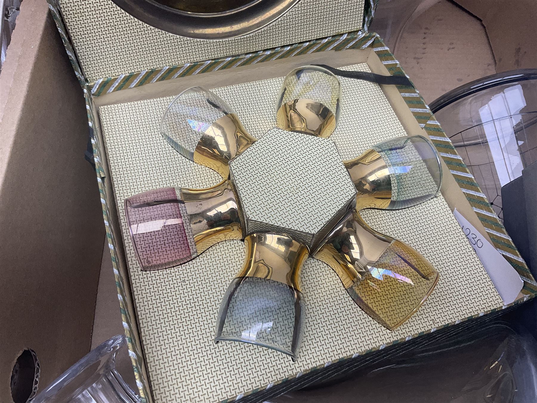 Dartington Crystal glass flower bowl, together with four similar smaller examples, two Orrefors glass bowls, collection of glass decanters, including Dartington and painted example, etc