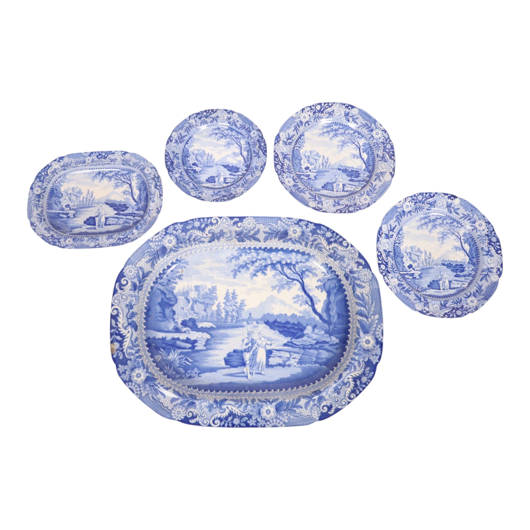 19th Century, Brameld & Co, Castle of Rochefort pattern meat platter, serving dish and three plates, meat platter L49cm, D37cm