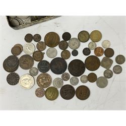 Great British and World coins, including Queen Victoria 1876 and 1889 halfcrowns, 1894 florin, various pre 1947 silver threepence pieces, King George VI 1942 halfcrown, George I farthing, Queen Victoria India 1862 one rupee, Spain 1882 five pesetas, United States of America 1860 one cent, King Edward VII Australia 1910 one shilling etc