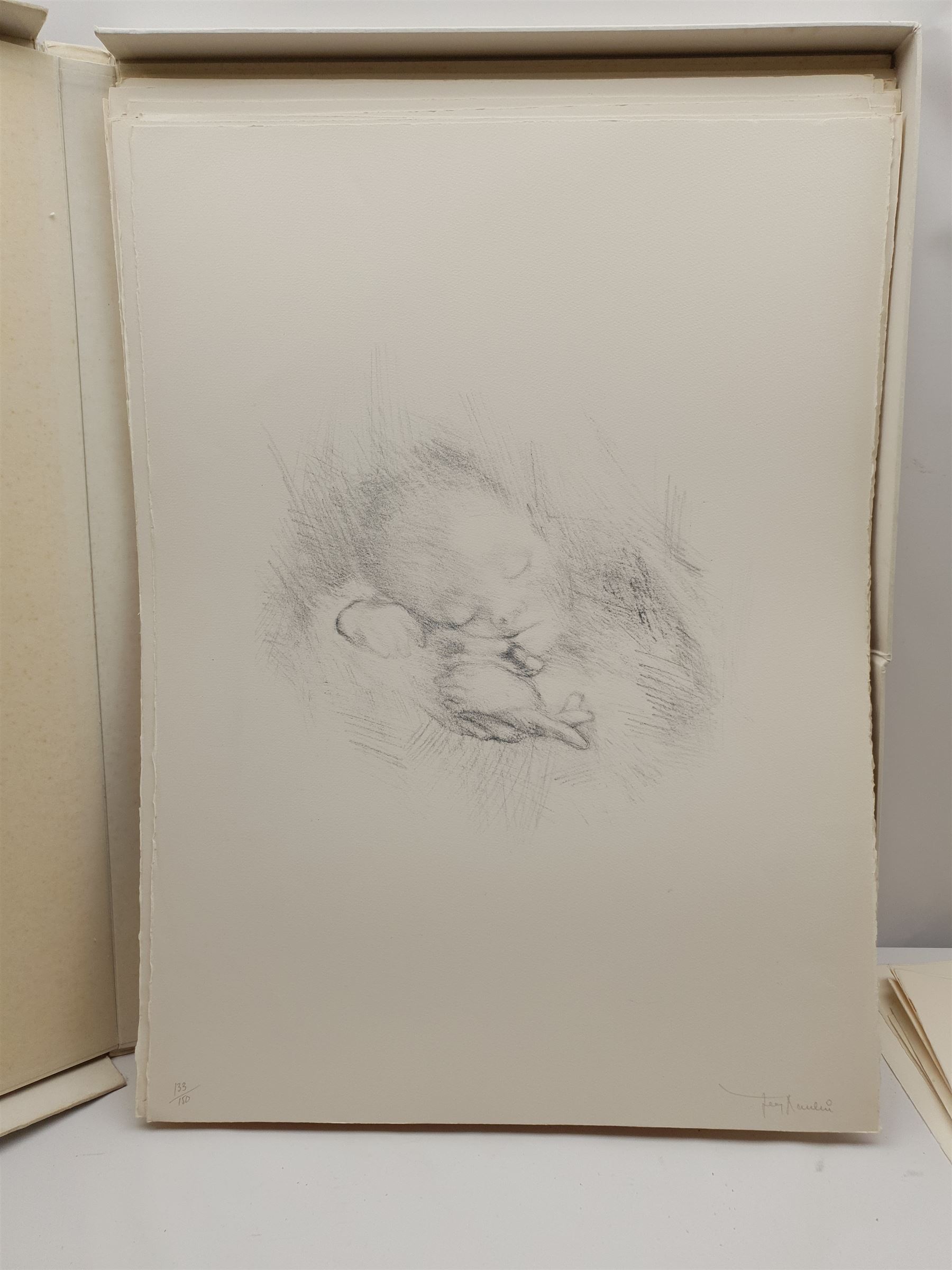 Jean Moulin (French 1933-2009): 'Geste d'Amour', portfolio of 27 large lithographs of children each signed and numbered 133/150 in pencil, 77cm x 57cm in original case with text