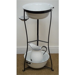 French style wrought metal wash stand with enamel basin, jug, bowl and soap dish, D42cm, H83cm  